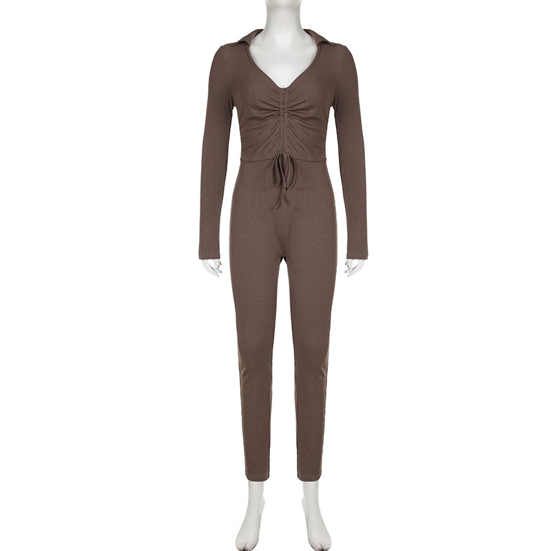 Sports Street Women Clothing Solid Color Polo Collar Pleated Drawstring Lace up Tight Long Sleeve Jumpsuit Skinny Pants