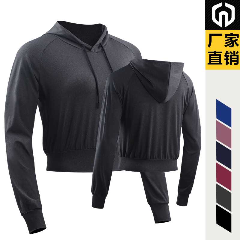 Casual de manga larga con capucha suéter expuesto ombligo ropa de entrenamiento de las mujeres al aire libre correr yoga deportes ropa delgada F8077