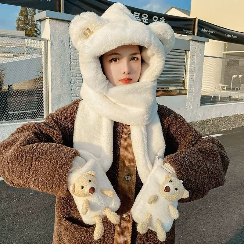毛绒帽子女秋冬保暖小熊可爱护耳加绒围脖手套一体三件套连体帽新