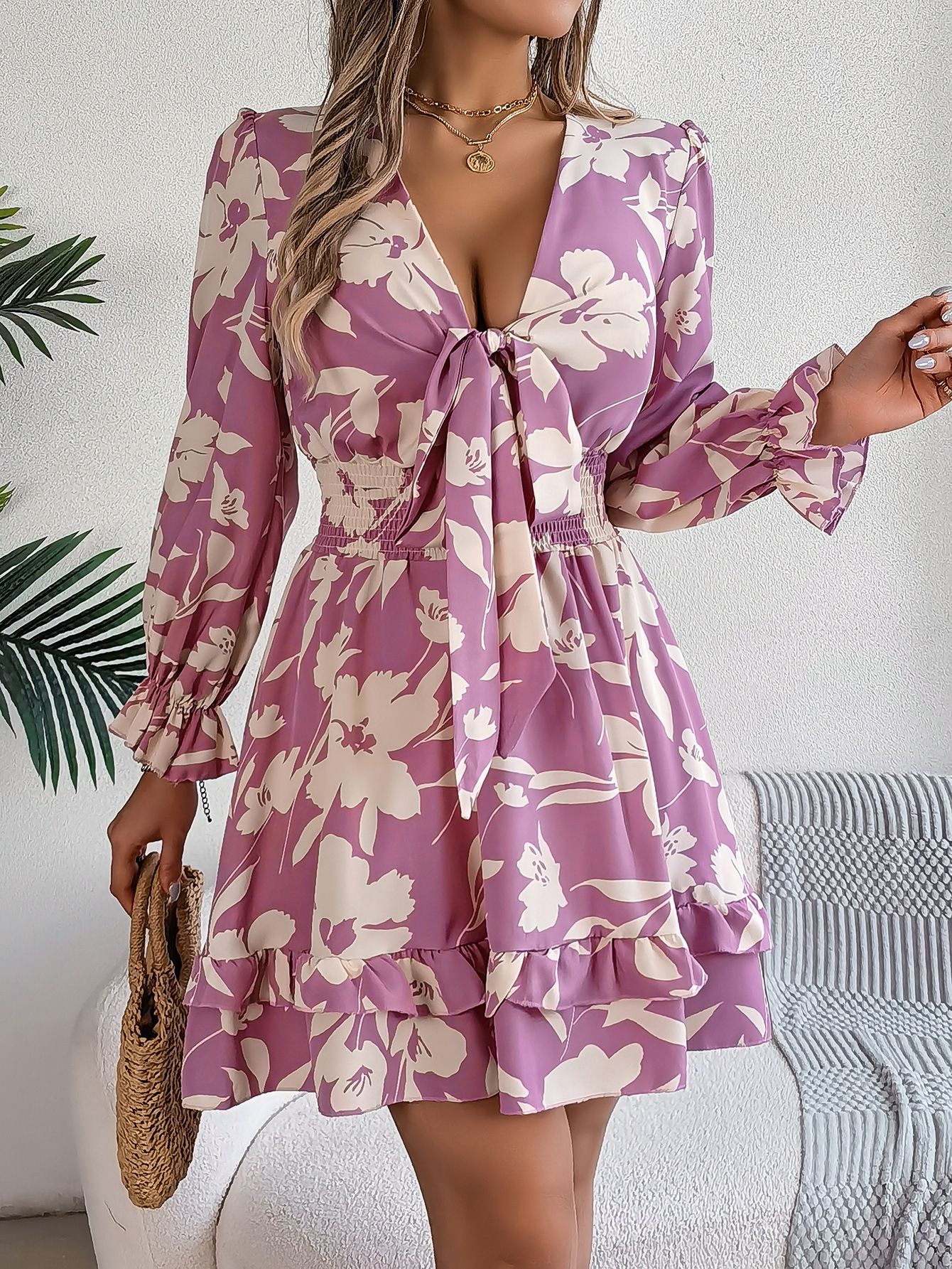2025 Spring Summer Women's Long Sleeve Flower Printed V-neck Fashion Elegance Dress picture