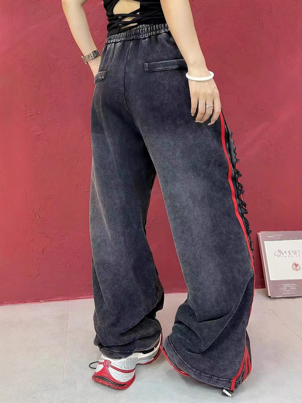 欧货休闲裤女2025秋季新款重工钉扣子杠条破洞洗水磨白抽绳长裤潮|undefined