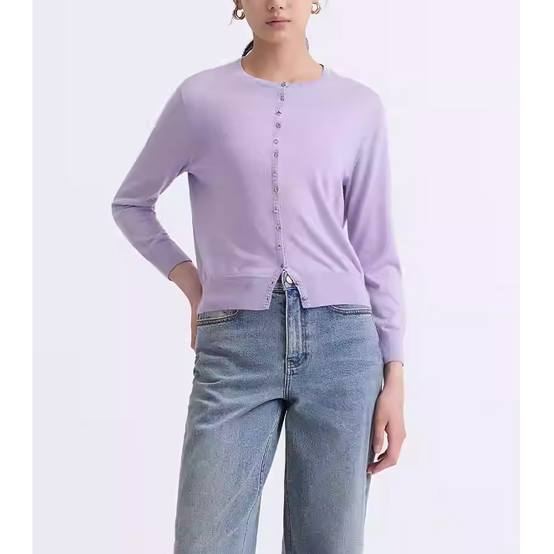 【E-Delivery Order】Round-Neck Purple Knitted Cardigan for Women, Early Spring 2026 Style, Light and Elegant Outfit, Fine-Spun Velvet Top