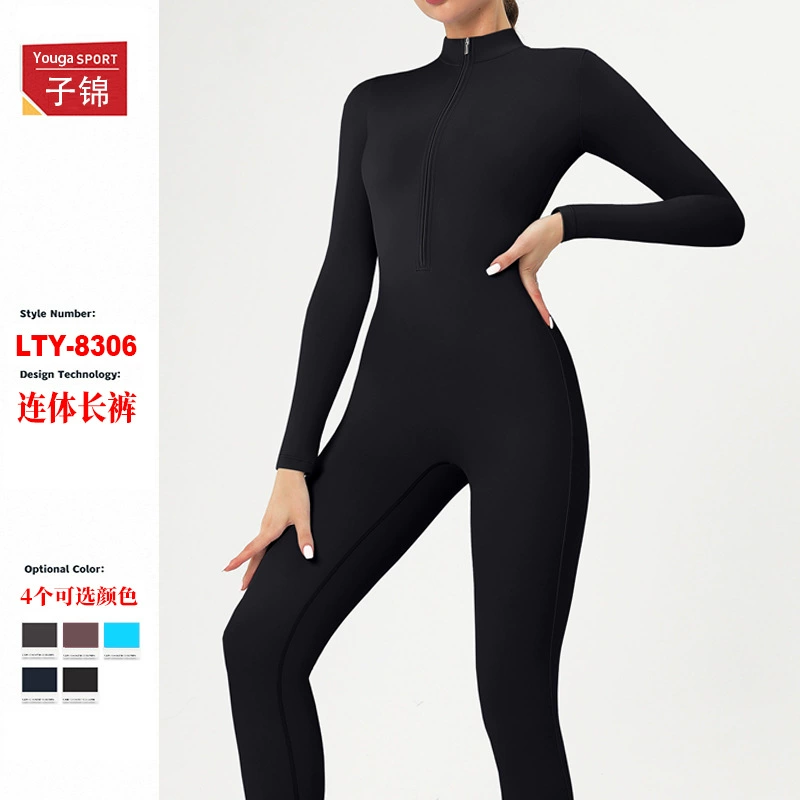 Европейские и американские молнии голые длинные рукава йога комбинезон высокая прочность брюки фитнес-комбинезон 8306