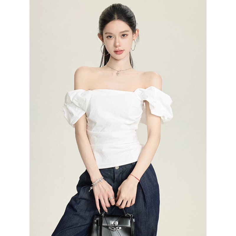Jinliang Official Image [in Stock + Original Design] Puff Sleeve Off-Shoulder T-Shirt for Women, New Slim Fit Off-Shoulder Top