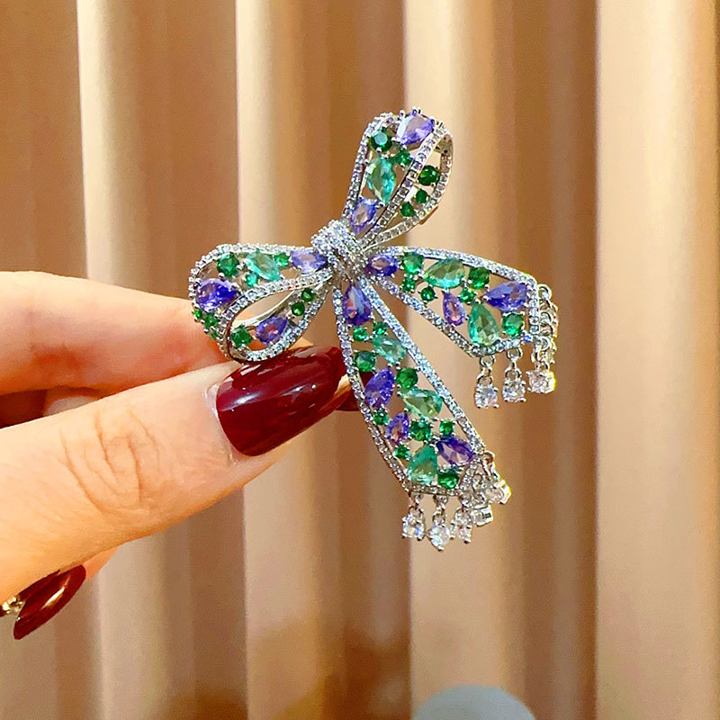 Japanese and Korean Style Light Luxury Exquisite Hollow Pendant Colorful Bow Brooch Fashion All-match Suit Jacket Corsage Accessories Women