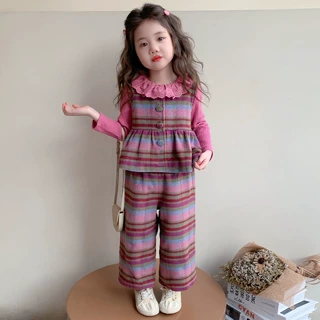 女童套装春秋装2026新款儿童洋气穿搭女宝宝韩系花边格子三件套