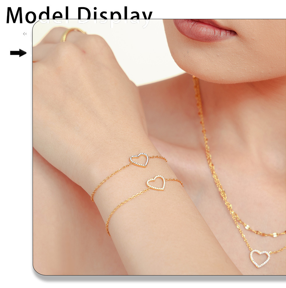 Square Sugar Ins Heart-shaped Handmade Zircon Double Layered Collarbone Necklace Bracelet Set Titanium Steel PVD Electroplating Color Preservation_voghion.com