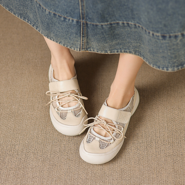 Giày sneaker nữ đế dày ren lưới phối màu cổ thấp — màu trắng ngà