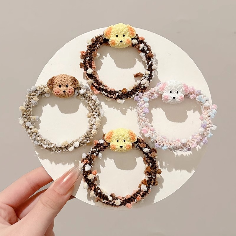 Caricatura lindo cachorro pelúcia cabello de peluche in anillo de cabello de viento chica cabello de cola de caballo pareja amiga banda de goma toque