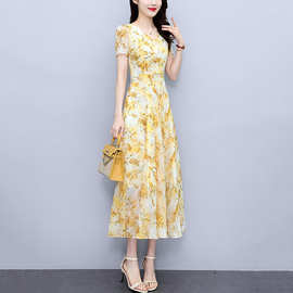 时尚碎花雪纺连衣裙2024新款女士夏季妈妈气质长款裙子