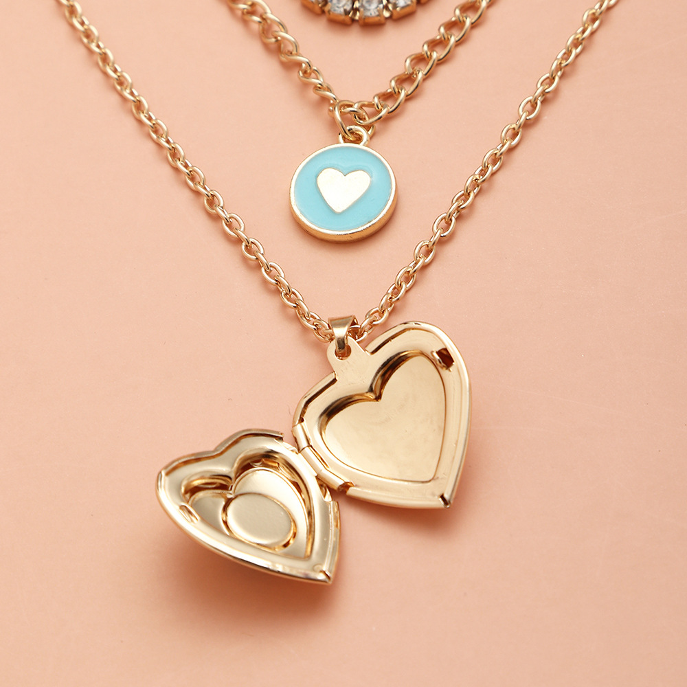 Vintage Blue Ocean Flip Heart Pendant Multi-layer Chain Stacking Necklace Wholesale display picture 3