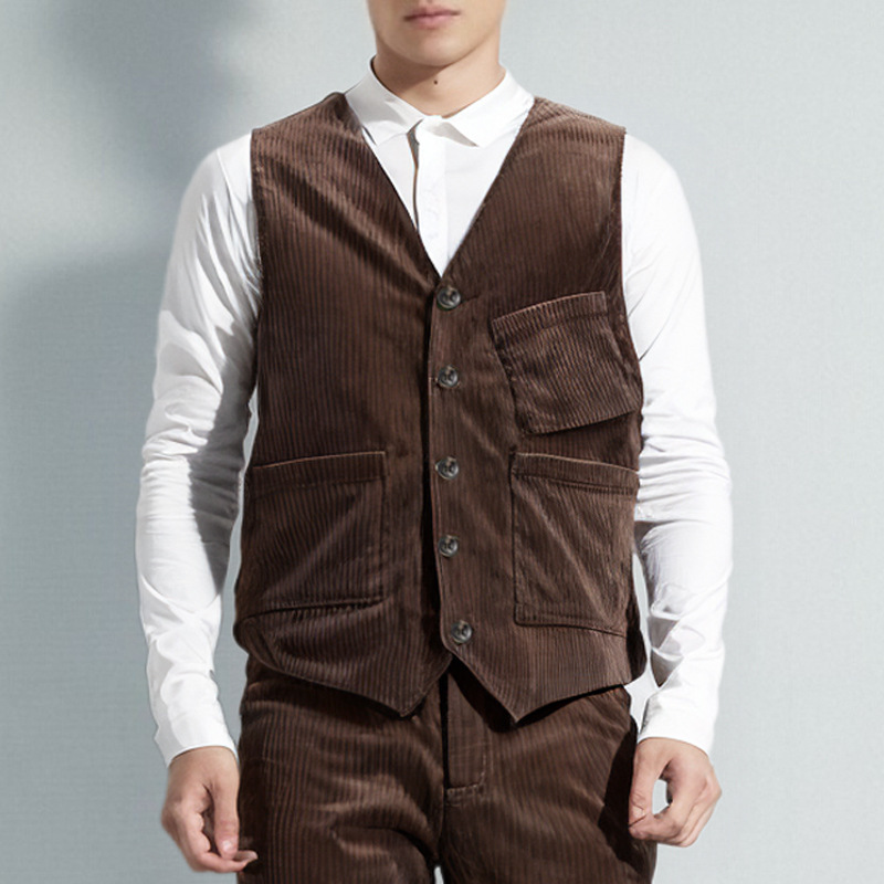 Men's Vest Cross-border Corduroy Hunting Vest Ami Khaki Waistcoat Solid Color British Style Tooling Top