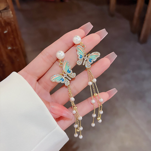 Colorful Butterfly Tassel Earrings Unique Design High-End Formal Dress 925 Silver Needle Earrings New Trend Earrings Wholesale