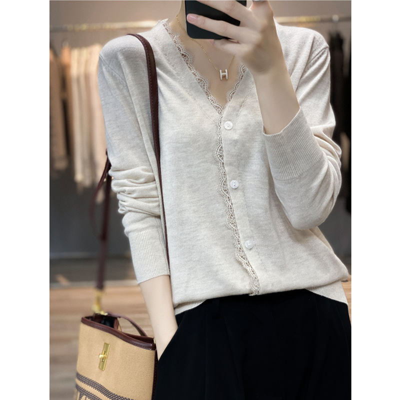 Thin lace woolen apricot sweater