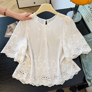 实拍大码文艺复古全棉绣花上衣女短袖圆领白色茶服小衫夏季女装