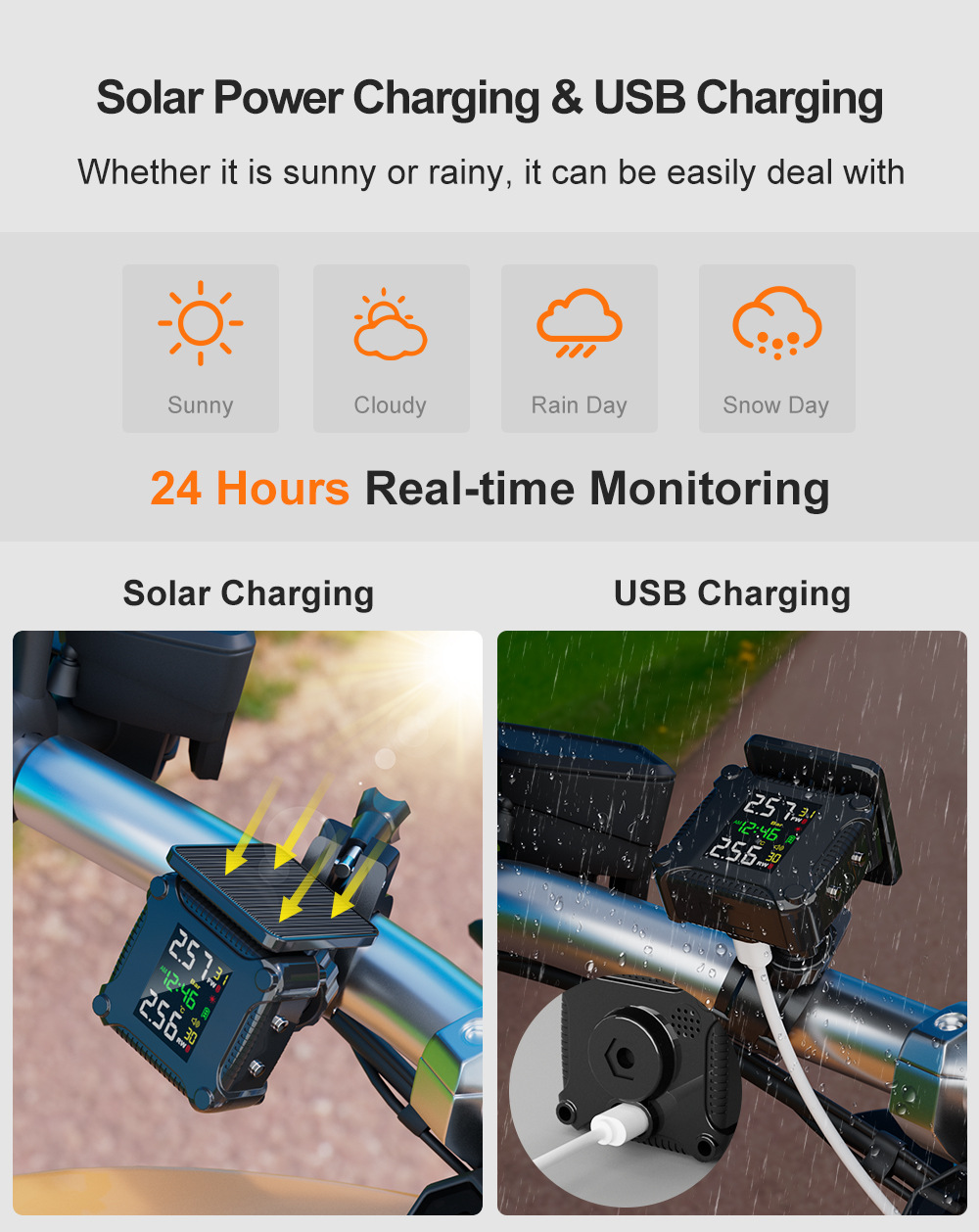 Motorcycle Tire Pressure Monitor, Motorcycle Tire Pressure Solar-Powered High-Precision Sensor Detector, Portable