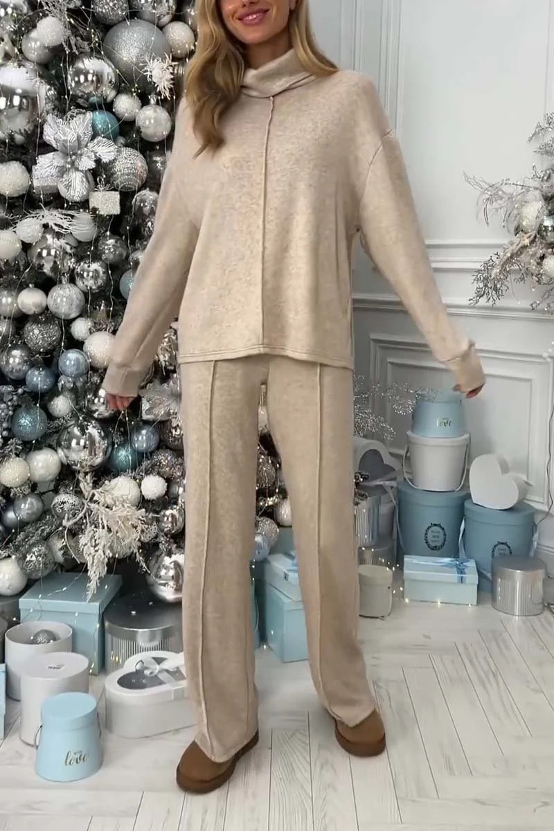Damenbekleidung Herbst und Winter einfarbig lässig vielseitig Strickanzug hoher Kragen langärmelige Oberteile Hosen Damen_voghion.com