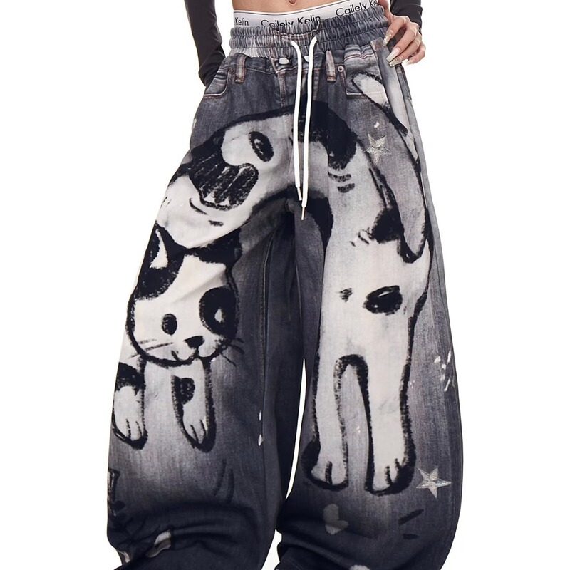 Spray-Painted Hand-Drawn Graffiti Cartoon Anime Jeans for Men and Women, High Street Style, Loose Hip-Hop Pants, Street Fashion Brand
