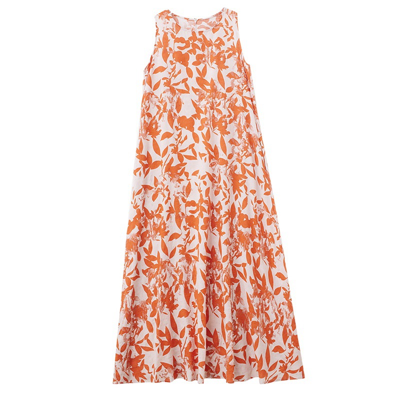 Real Shot Of The 2024 Summer New Bohemian Artistic Loose Sleeveless Round-neck Printed Mid-length Dress For Women_ecoleips.com