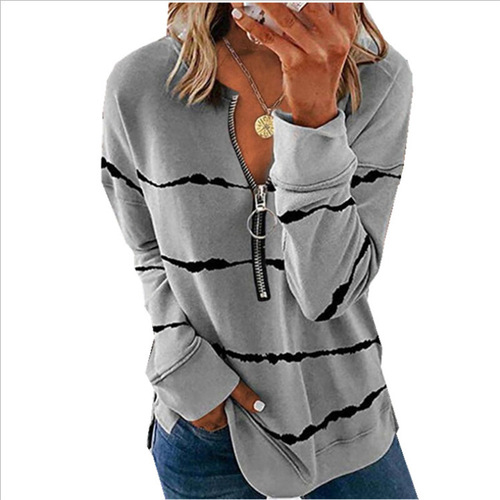 2024 Autumn/Winter Amazon Autumn Striped Zipper V-Neck Long-Sleeve Plus Size Loose Women's T-Shirt Hoodie Western Style