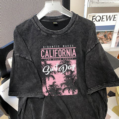 ヨーロッパとアメリカのヒップホップトレンディなブランドダメージ加工半袖Tシャツレディース大きいサイズルーズオーバーサイズウォッシュブラックプリントトップス