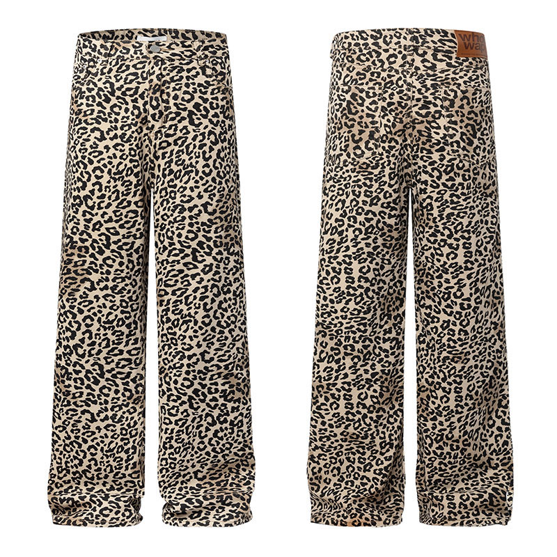 TKPA美式高街豹紋滿印闊腿直筒褲男個性復古百搭潮流休閒長褲跨境