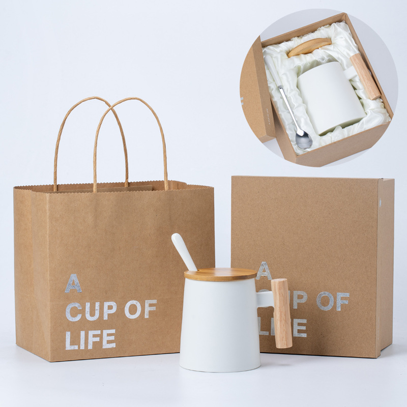 Mango de madera sólida taza de cerámica taza de café taza de agua con tapa cuchara publicidad impresa LOGO regalos