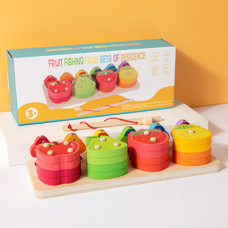 Educación temprana rompecabezas de frutas columna juegos de pesca de color ejercicio cognitivo movimiento fino mano ojo coordinación juguetes