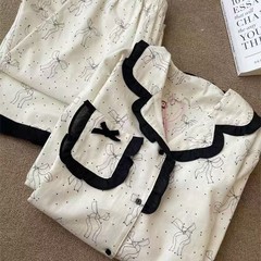 春と秋の女性のための新しい甘いインスタイルのリボンパジャマ、長袖ズボン、学生のゆったりとしたホームウェアセット