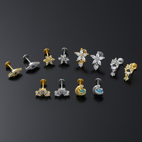 Cross-border creative flower earrings, stainless steel flat bottom lip nails, ear piercing earrings for women, European and American piercing bone nails wholesale