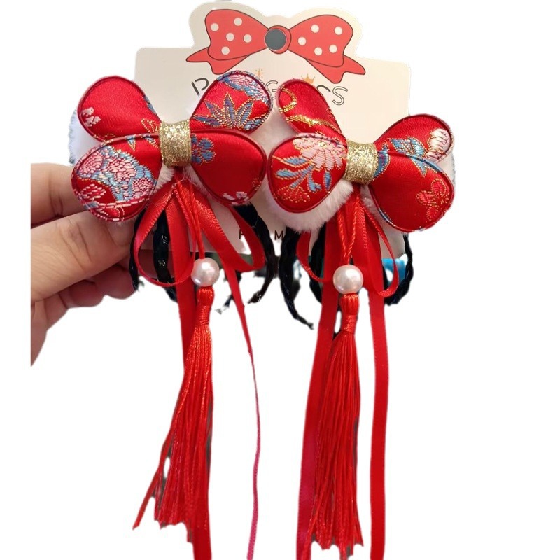 Chinese style girls Hanfu hair clips, hair clips, ancient style children's tassels, bow headwear sets, New Year hair accessories wholesale