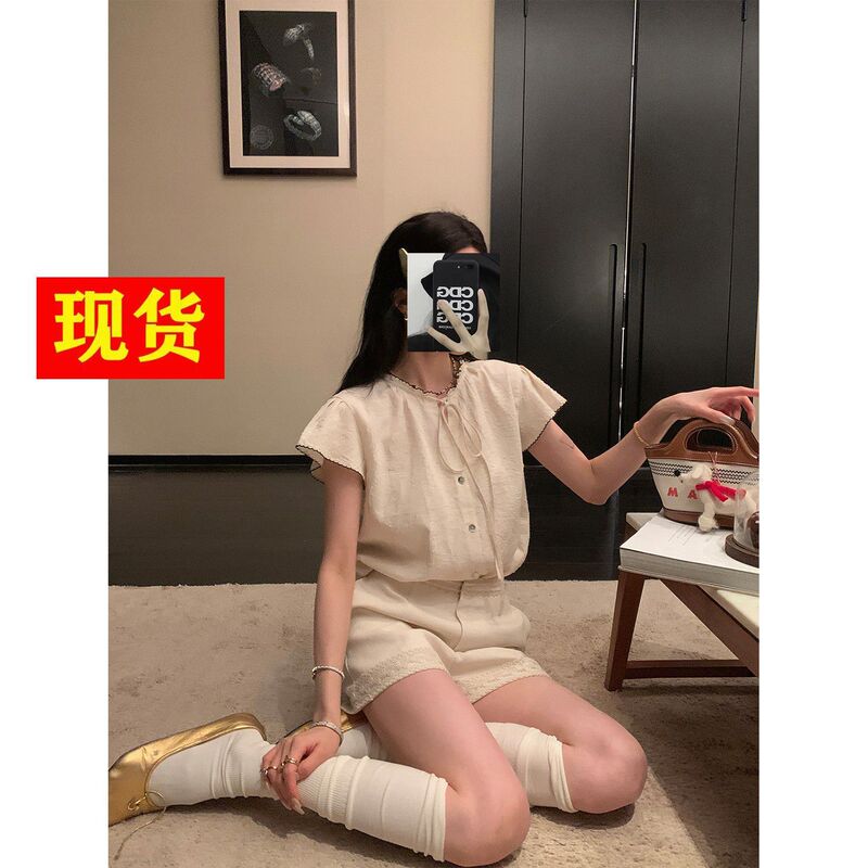 In-Stock Ouyang Old Money Style Short-Sleeve Shirt for Women, Summer Design, Niche Short-Sleeve Shirt with Color-Blocking and Tie-Up Design