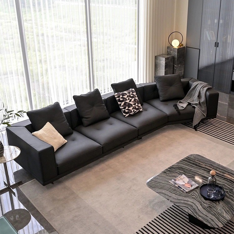 Dylan Italian Minimalist Large Flat Living Room Sofa First Layer Cowhide High-End Corner Special-Shaped Leather Sofa Black