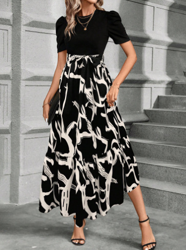 Cross-border women's spring dress 2025 best-selling floral print round neck dress, exotic vacation style elegant dress