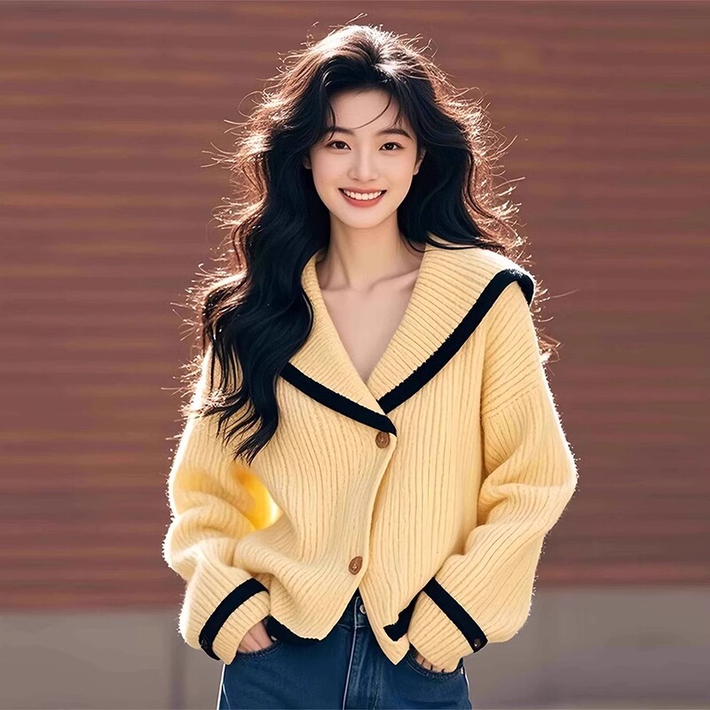Yellow Navy V-neck Loose Long-sleeved Cardigan Knitted Outer Sweater Women's 2025 Spring and Autumn New Lazy Style Top