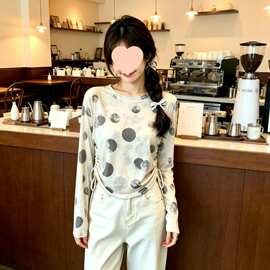 韩系小众设计抽绳褶皱波点印花长袖T恤女夏季修身微透防晒上衣