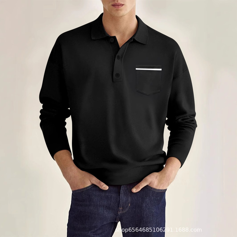 Independent station wish Amazon popular spring long sleeve V-neck button men's real pocket casual top polo shirt