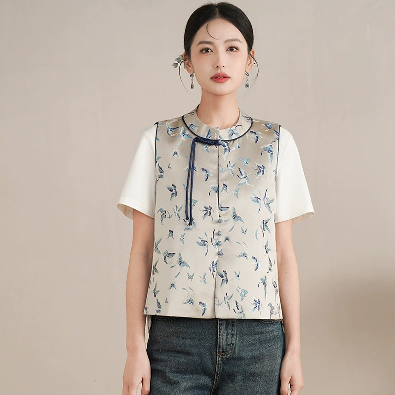 Реальная стрельба в новом китайском стиле ретро маленький круглый воротник с пряжкой топ вышитый китайский костюм национальный стиль жилет кардиган женский пиджак