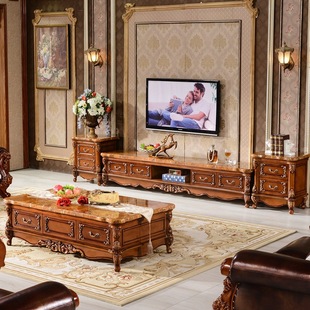 European Style Marble TV Cabinet Solid Wood Household Living Room Large and Small Apartment Coffee Table Combination Floor-Standing Vintage Locker