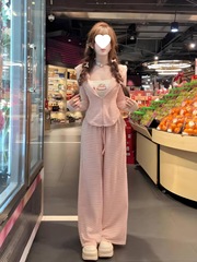 慵懒猫咪修身显瘦纯欲网红风连帽背心上衣+阔腿长裤套装女早秋
