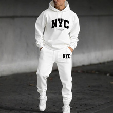 男士字母印花加绒欧美连帽卫衣套装 休闲动裤 秋冬跨境男女套装