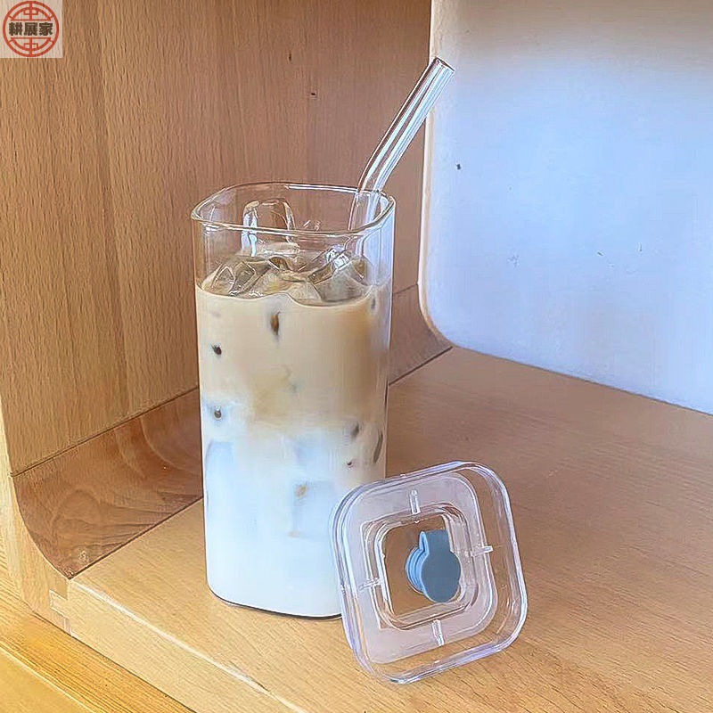 韩式方形玻璃水杯高颜值带盖透明简约平底加热杯子家用咖啡杯杯子