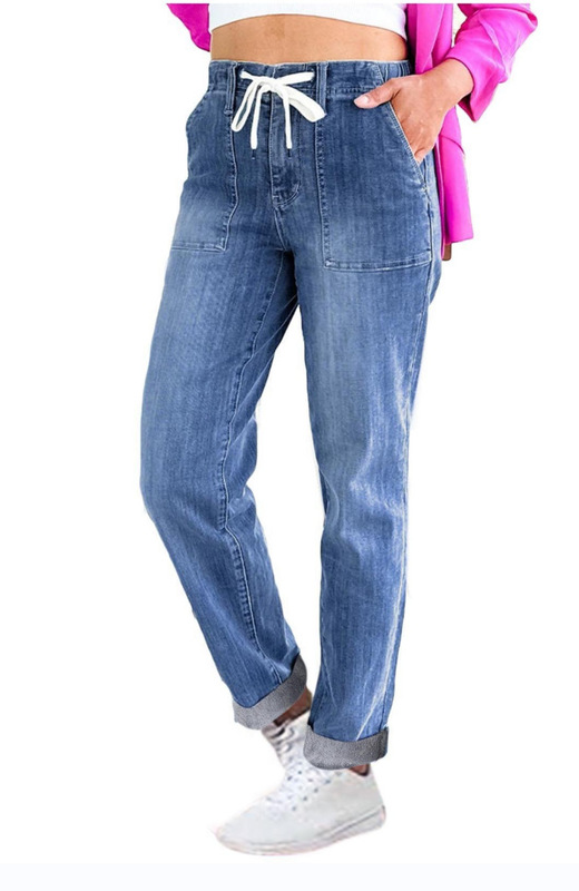 2023 Amazon fleece-lined Denim women's pants. Belt design women's elastic, hanging dyeing craft length same style