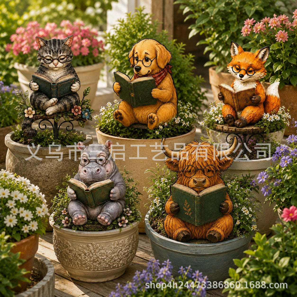 跨境新品Animal Reading Garden Stake动物阅读花园地插2D平面金
