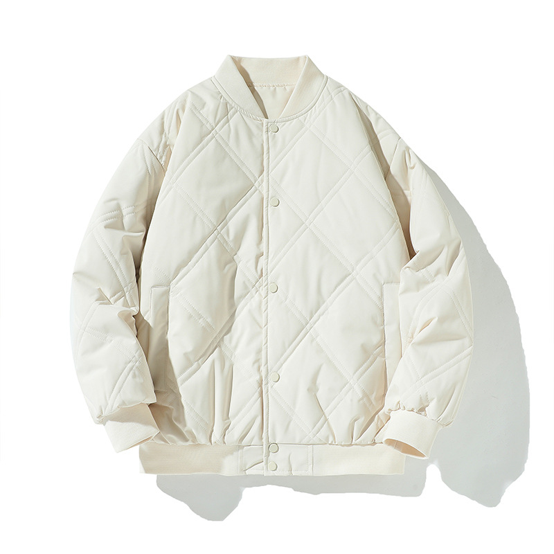 纯色加绒菱形格棒球棉衣服男款棉服保暖宽松休闲情侣棉衣跨境二开