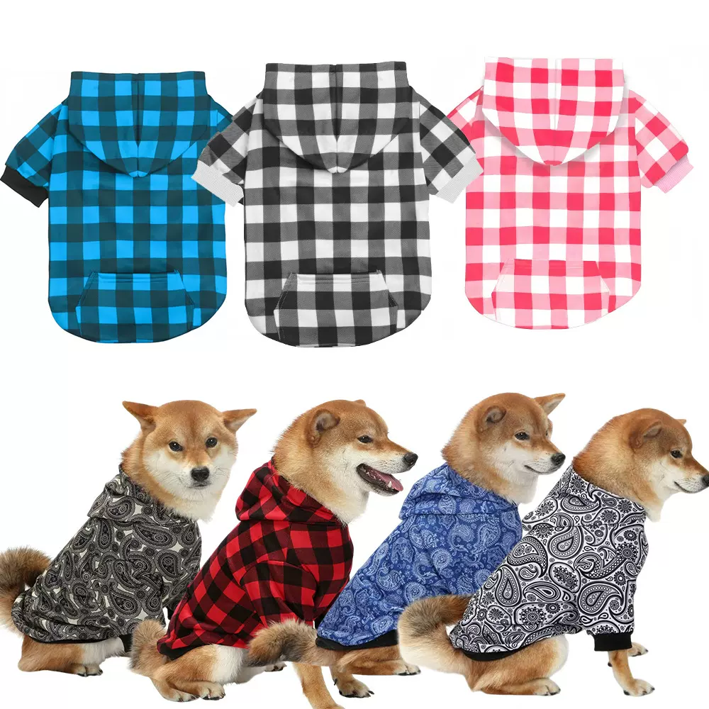 跨境秋冬新款圣诞节宠物格子卫衣加厚连帽小中大型犬狗狗衣服批发