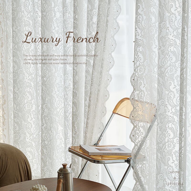French-Style Lace Sheer Curtains, White Bedroom Vintage Pastoral Balcony Bay Window Sheer Drapes, Dreamy Semi-Transparent Unprocessed French-Style Lace Sheer Curtains, White Bedroom Vintage Pastoral Balcony Bay Window Sheer Drapes, Dreamy Semi-Transparent Unprocessed