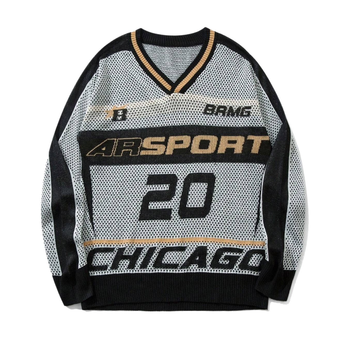 Top de estilo deportivo callejero americano europeo y americano 2025 otoño suelto con cuello en v jerk hip-hop retro casual camiseta de manga larga