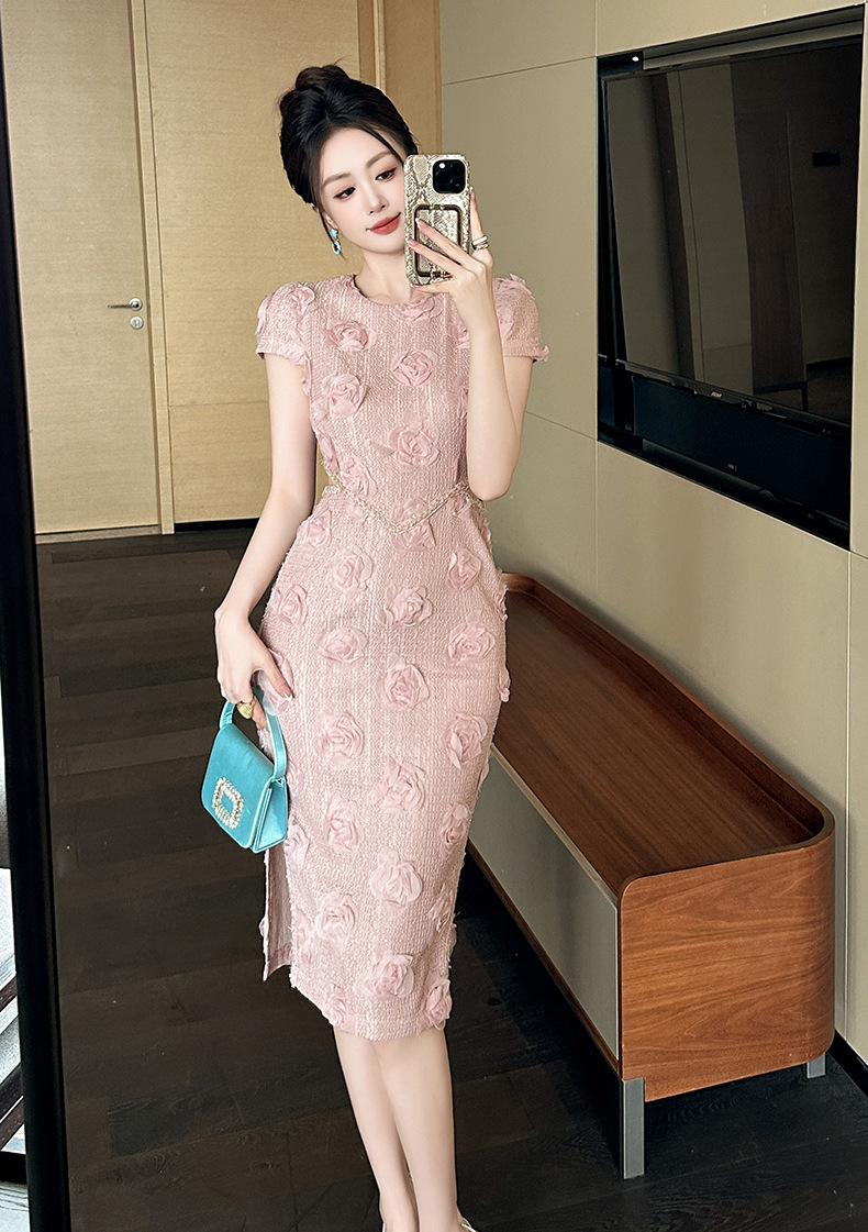 Váy dệt kim họa tiết hoa rỗng thiết kế ngọt ngào thanh lịch — Màu hồng chi tiết 5