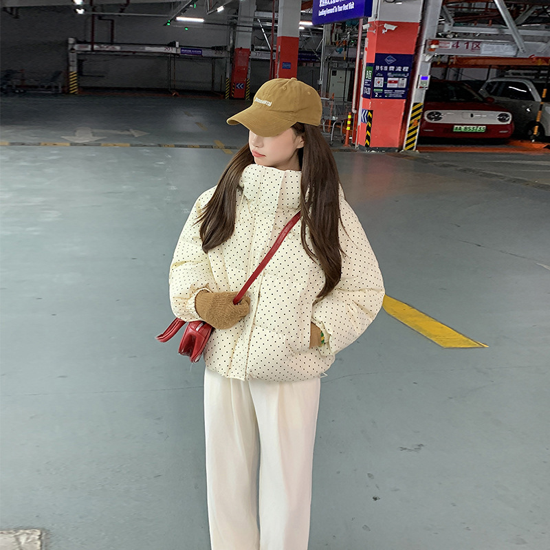 韩系波点连帽加厚保暖羽绒棉服外套宽松新款冬季休闲气质面包服潮|undefined